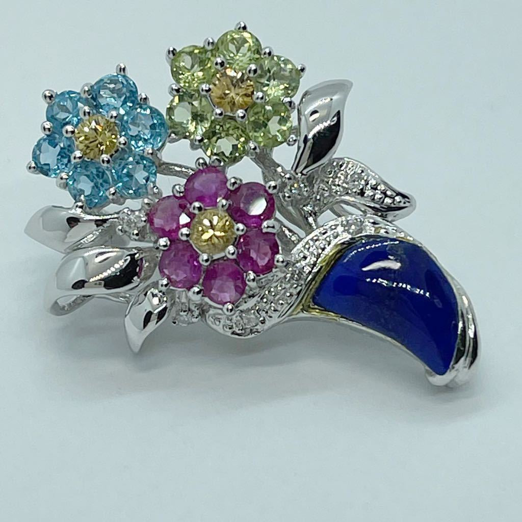 素敵!!18金WG 0.05ctダイヤ 2.72ctラピス 花束 ペンダントトップ ブローチ使いも可能 8.6g K18刻印 清掃仕上げ済 サイズ表記有