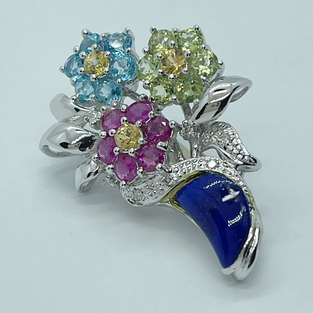 素敵!!18金WG 0.05ctダイヤ 2.72ctラピス 花束 ペンダントトップ ブローチ使いも可能 8.6g K18刻印 清掃仕上げ済 サイズ表記有