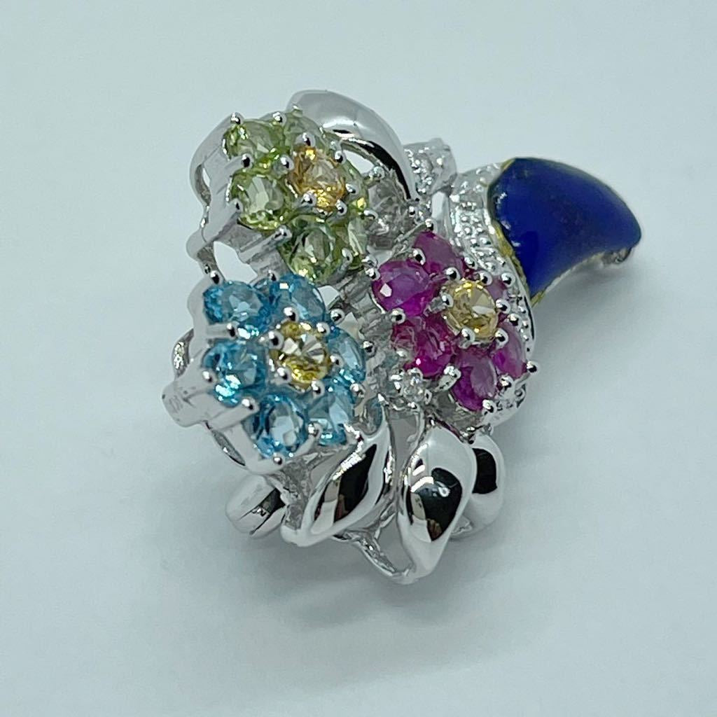 素敵!!18金WG 0.05ctダイヤ 2.72ctラピス 花束 ペンダントトップ ブローチ使いも可能 8.6g K18刻印 清掃仕上げ済 サイズ表記有