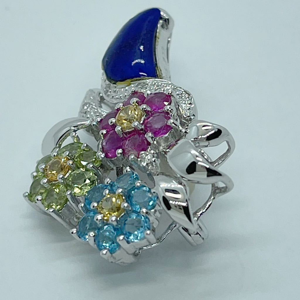 素敵!!18金WG 0.05ctダイヤ 2.72ctラピス 花束 ペンダントトップ ブローチ使いも可能 8.6g K18刻印 清掃仕上げ済 サイズ表記有