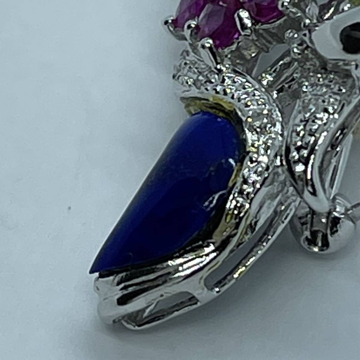 素敵!!18金WG 0.05ctダイヤ 2.72ctラピス 花束 ペンダントトップ ブローチ使いも可能 8.6g K18刻印 清掃仕上げ済 サイズ表記有