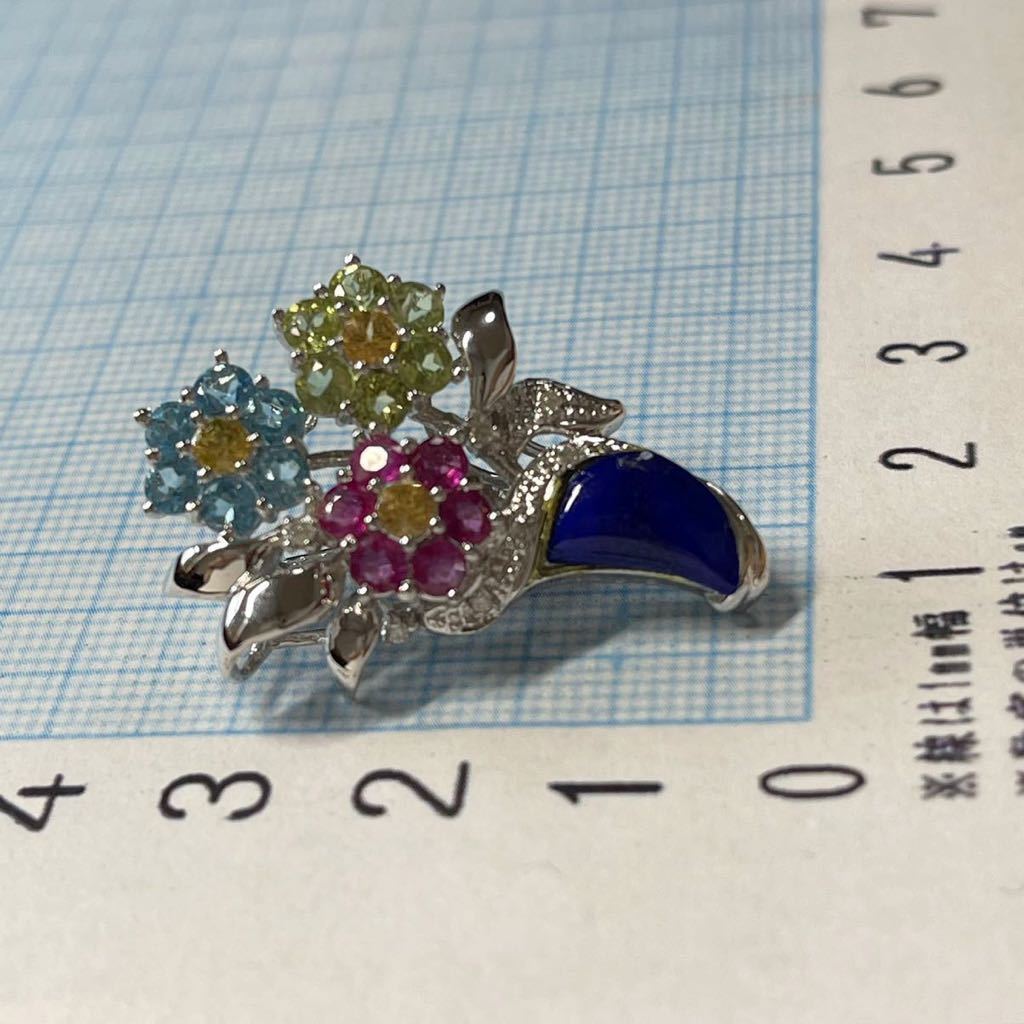 素敵!!18金WG 0.05ctダイヤ 2.72ctラピス 花束 ペンダントトップ ブローチ使いも可能 8.6g K18刻印 清掃仕上げ済 サイズ表記有
