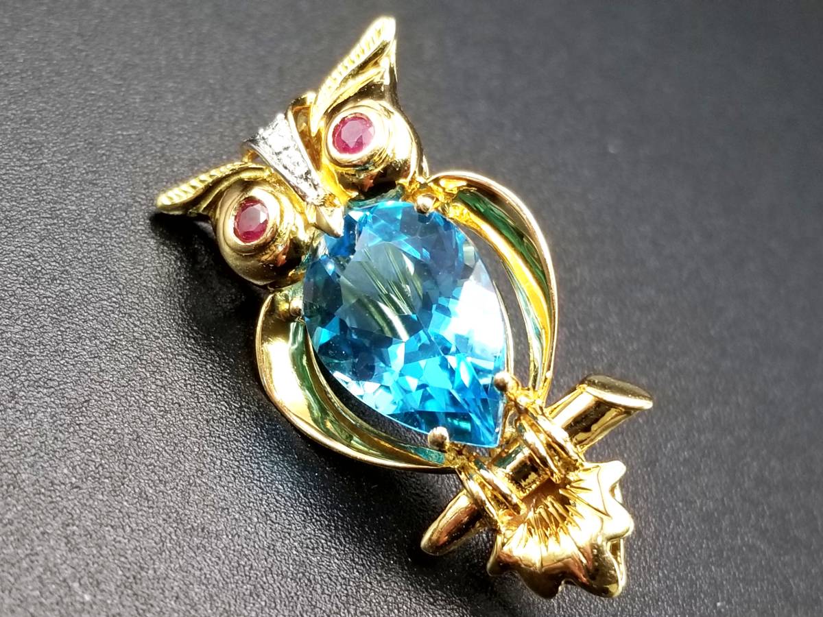 豪華!!18金☆ブローチ&ペンダントトップ☆大粒ブルトパ・ダイヤ・ルビー★金具込約5.2g★K18・0.01・0.16刻印・サイズ表記★清掃済