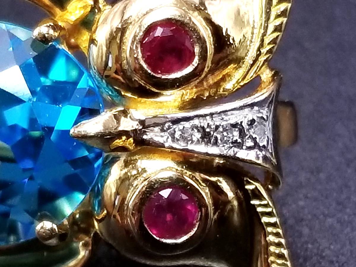豪華!!18金☆ブローチ&ペンダントトップ☆大粒ブルトパ・ダイヤ・ルビー★金具込約5.2g★K18・0.01・0.16刻印・サイズ表記★清掃済