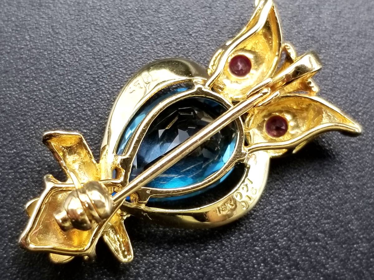 豪華!!18金☆ブローチ&ペンダントトップ☆大粒ブルトパ・ダイヤ・ルビー★金具込約5.2g★K18・0.01・0.16刻印・サイズ表記★清掃済