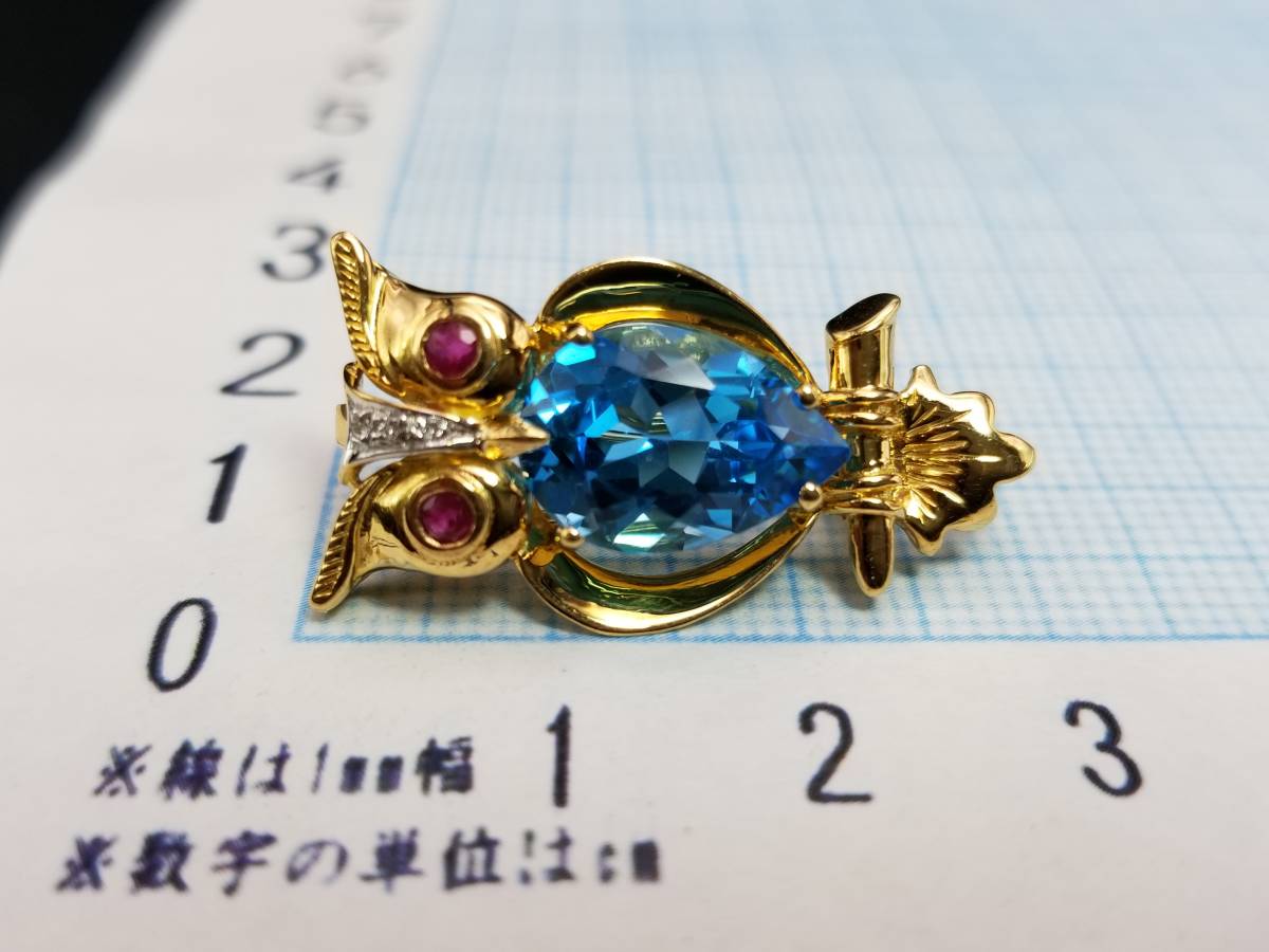 豪華!!18金☆ブローチ&ペンダントトップ☆大粒ブルトパ・ダイヤ・ルビー★金具込約5.2g★K18・0.01・0.16刻印・サイズ表記★清掃済