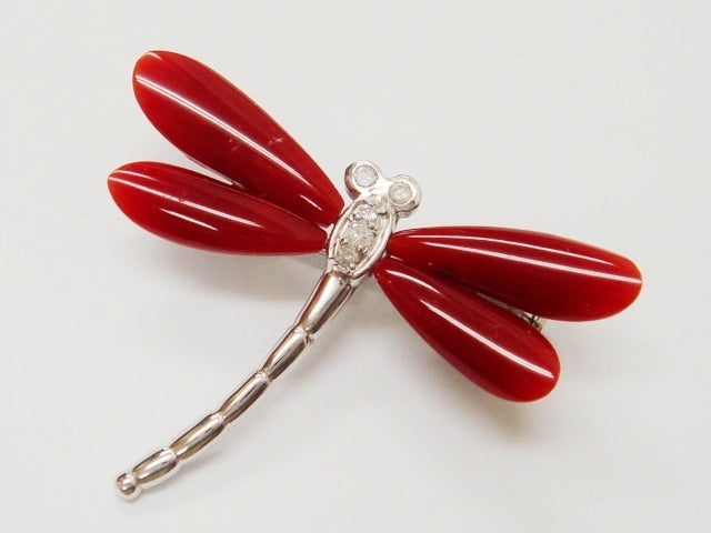 豪華!!鑑別付☆K18・K14☆天然珊瑚&ダイヤ0.09ct☆トンボデザインブローチ&ペンダント★総重量5g★K18WG・K14・WG・0.09刻印★サイズ