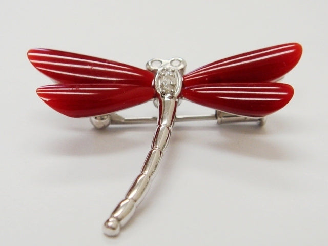 豪華!!鑑別付☆K18・K14☆天然珊瑚&ダイヤ0.09ct☆トンボデザインブローチ&ペンダント★総重量5g★K18WG・K14・WG・0.09刻印★サイズ