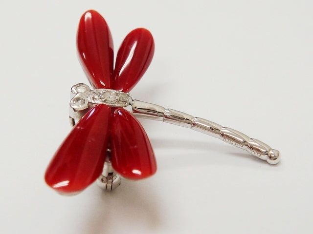 豪華!!鑑別付☆K18・K14☆天然珊瑚&ダイヤ0.09ct☆トンボデザインブローチ&ペンダント★総重量5g★K18WG・K14・WG・0.09刻印★サイズ