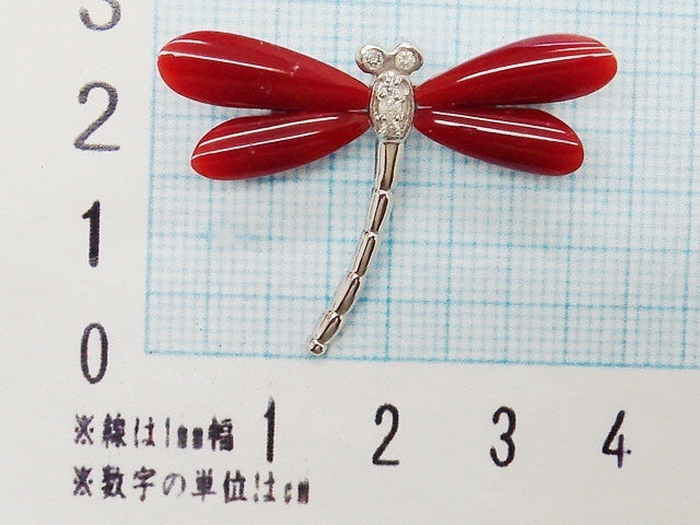 豪華!!鑑別付☆K18・K14☆天然珊瑚&ダイヤ0.09ct☆トンボデザインブローチ&ペンダント★総重量5g★K18WG・K14・WG・0.09刻印★サイズ