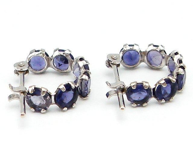 豪華!!14金ホワイトゴールド☆天然アイオライト フープデザイン ワンタッチピアス☆総重量0.8g★6石×2★K14WG刻印有★清掃済み