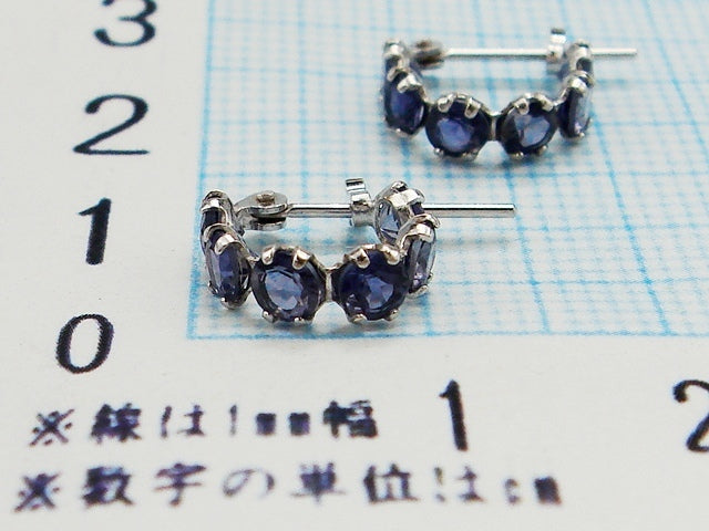 豪華!!14金ホワイトゴールド☆天然アイオライト フープデザイン ワンタッチピアス☆総重量0.8g★6石×2★K14WG刻印有★清掃済み